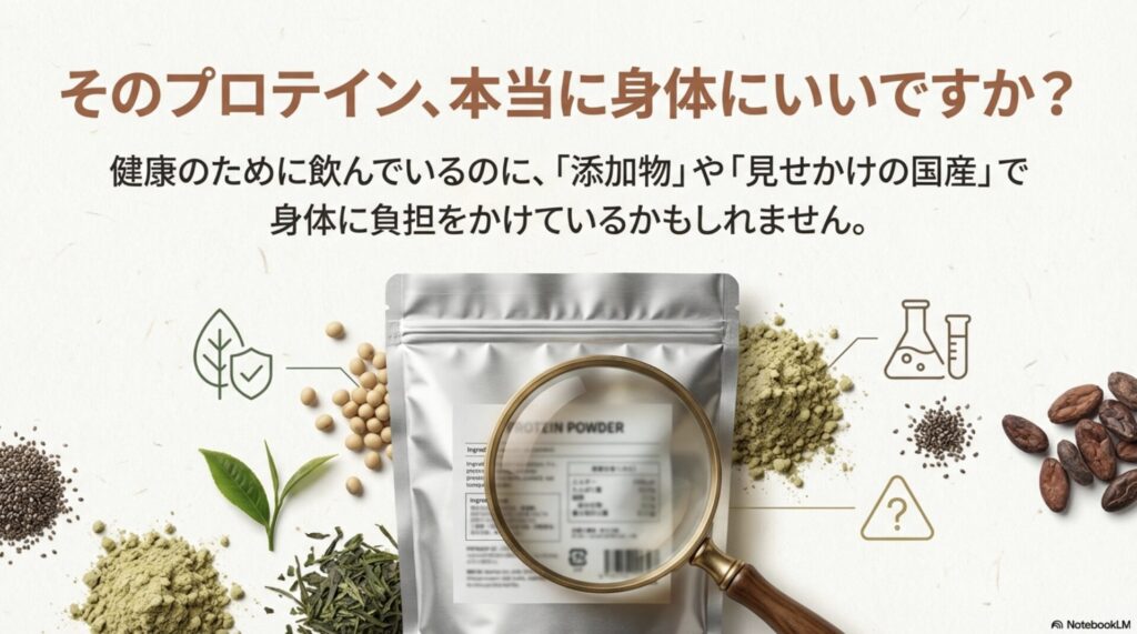 健康のために飲んでいるプロテインが添加物や見せかけの国産で身体に負担をかけていないか問いかける図解