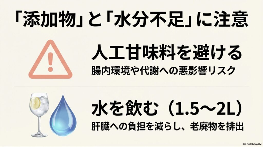 人工甘味料を避けるべき理由と、肝臓への負担を減らすために1日1.5Lから2Lの水を飲む必要性の解説