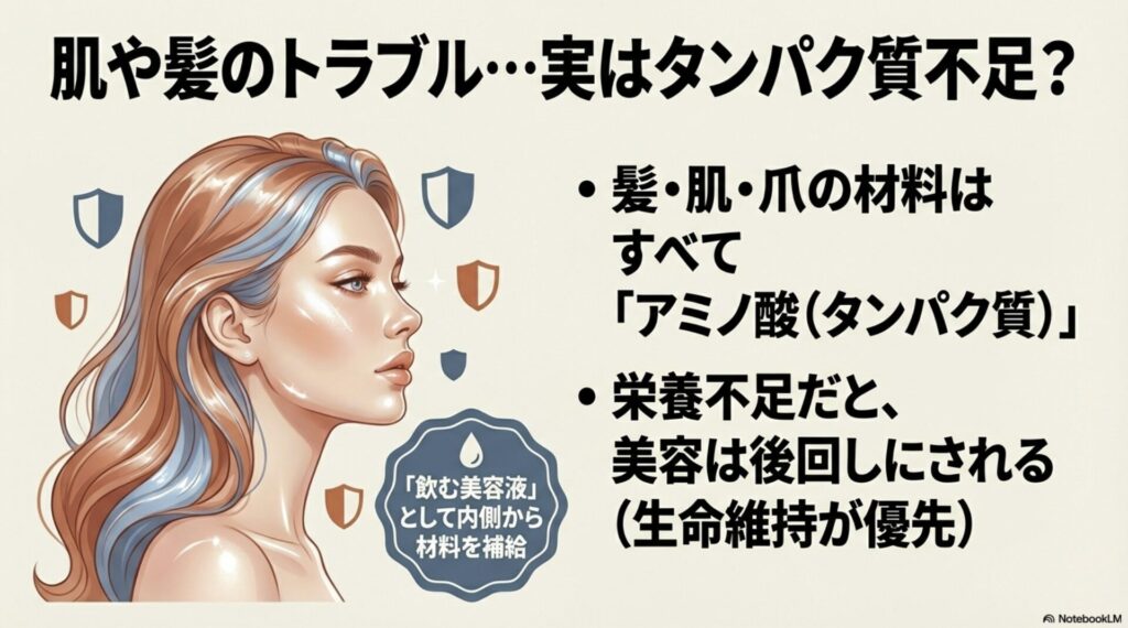 髪・肌・爪の材料であるアミノ酸が、栄養不足時には生命維持に優先され、美容が後回しにされる仕組みを解説したスライド