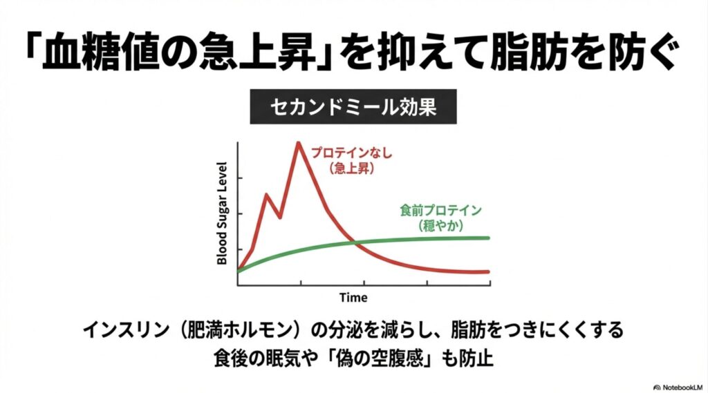 プロテインなしと食前プロテインありの血糖値変動を比較したグラフ画像