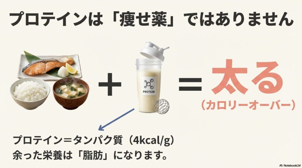 プロテインは痩せ薬ではなく、過剰摂取すると脂肪として蓄積される仕組みの図解