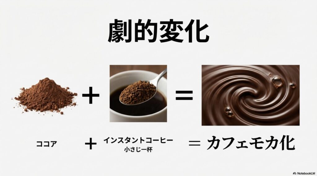 ココア味プロテインにインスタントコーヒーを加えてカフェモカ風に激変させるアレンジ