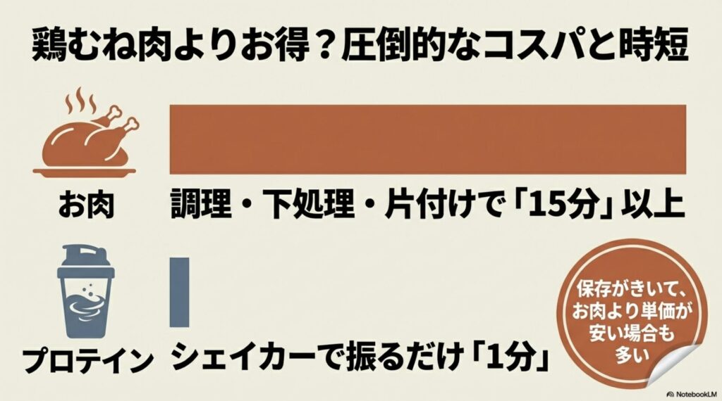 調理に15分かかるお肉に対し、プロテインは1分で準備でき、保存性や単価の面でもお得な場合が多いことを示す比較図