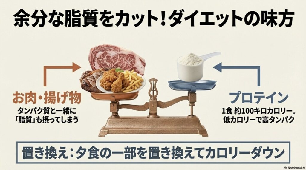 お肉や揚げ物と比較して、プロテインが低カロリー・高タンパクであり、夕食の置き換えがダイエットに有効であることを示す図解