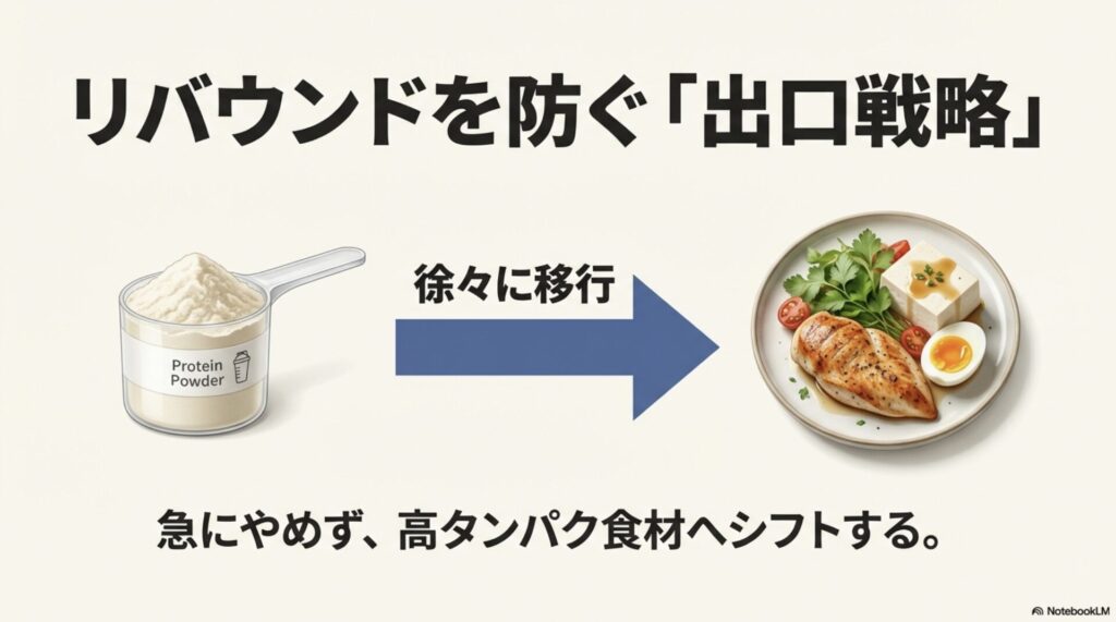 プロテインパウダーから鶏胸肉や卵などの高タンパク食材へ徐々に移行するリバウンド防止ステップの図解