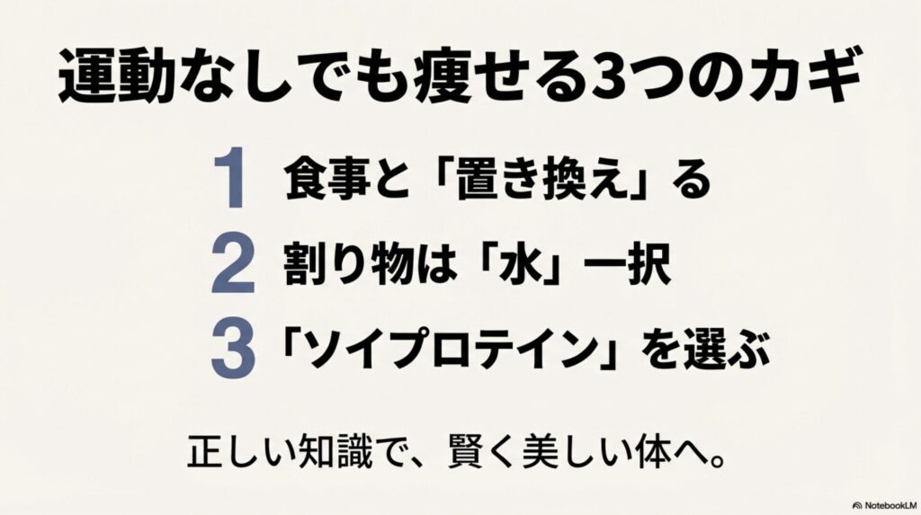 食事との置き換え、割り物は水、ソイプロテインの選択という運動なしダイエット成功の3条件まとめ