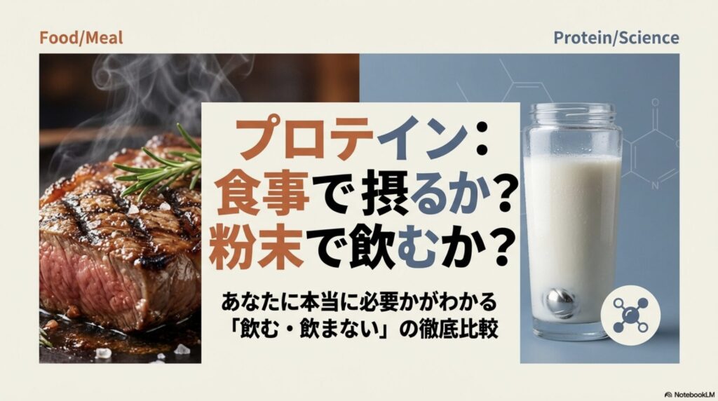 プロテインを食事で摂るか粉末で飲むかを比較したスライドの表紙