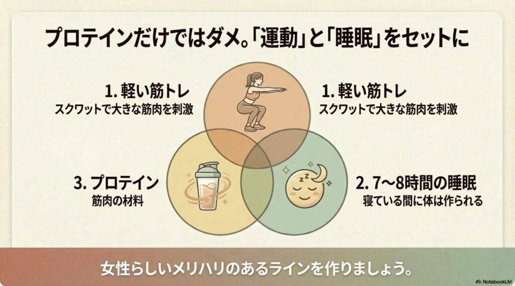 軽い筋トレ（スクワット）と7〜8時間の睡眠をプロテインと組み合わせる重要性の図解