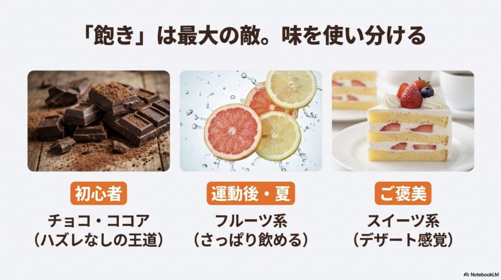 初心者向けのチョコ系、運動後向けのフルーツ系、ご褒美用のスイーツ系などフレーバーの使い分けスライド。