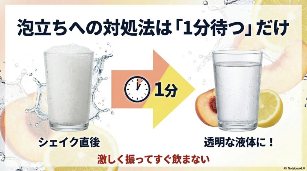 シェイク直後の真っ白な泡が1分放置で透明な液体に変わるビフォーアフター画像