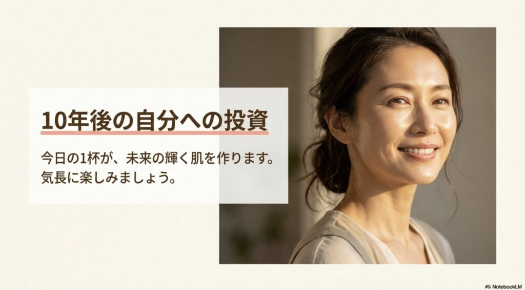 今日のプロテイン1杯が未来の輝く肌を作る投資であることを伝えるメッセージスライド