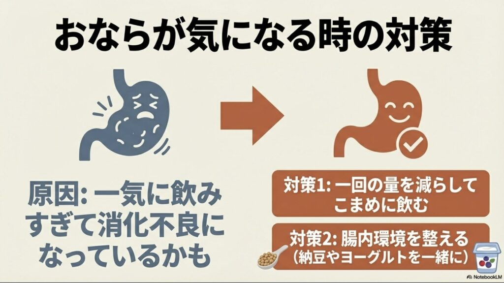 消化不良によるおならの臭い対策として、1回の摂取量を減らすことや、納豆・ヨーグルトで腸内環境を整えることを推奨するスライド