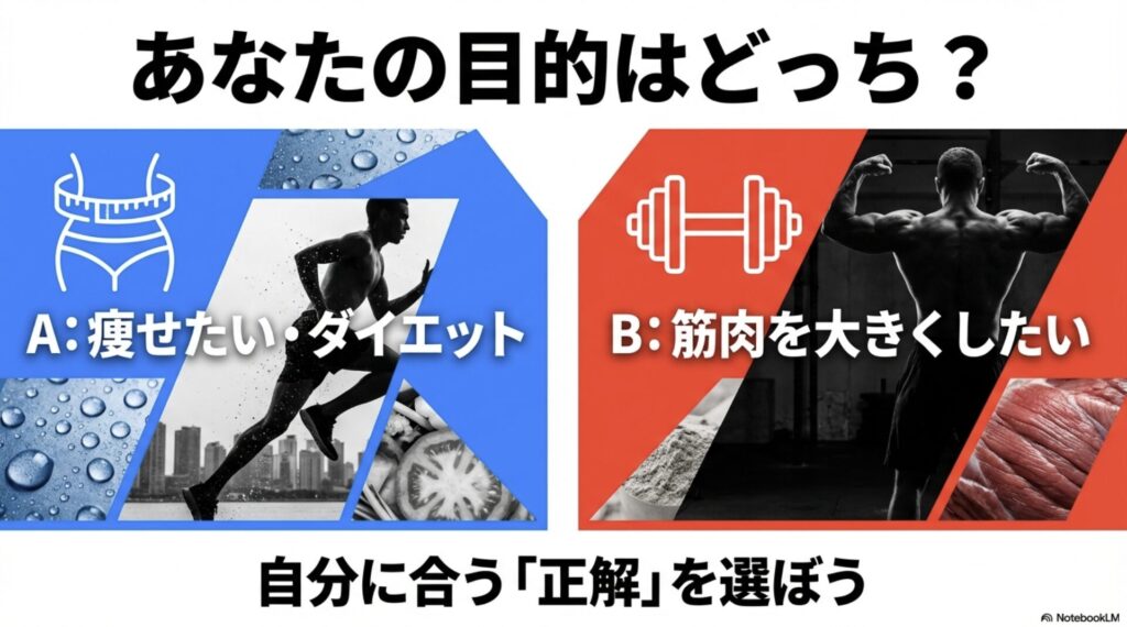 プロテインを飲む目的がダイエットか筋肉を大きくすることかを選択するスライド