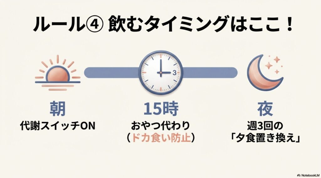 朝の代謝スイッチ、15時のおやつ代わり、週3回の夕食置き換えによるプロテイン摂取スケジュールの図解