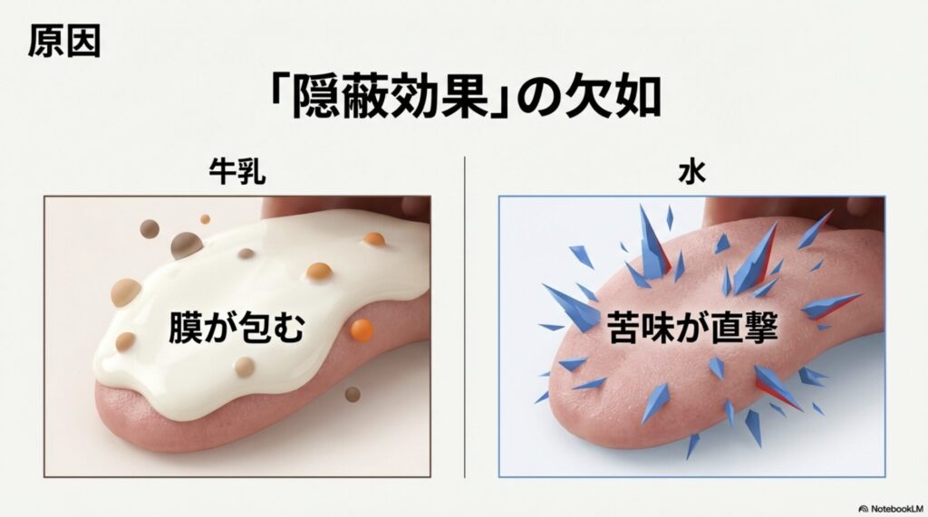 牛乳が味を包む隠蔽効果と、水割りでプロテインの苦味が舌に直撃する仕組みの比較