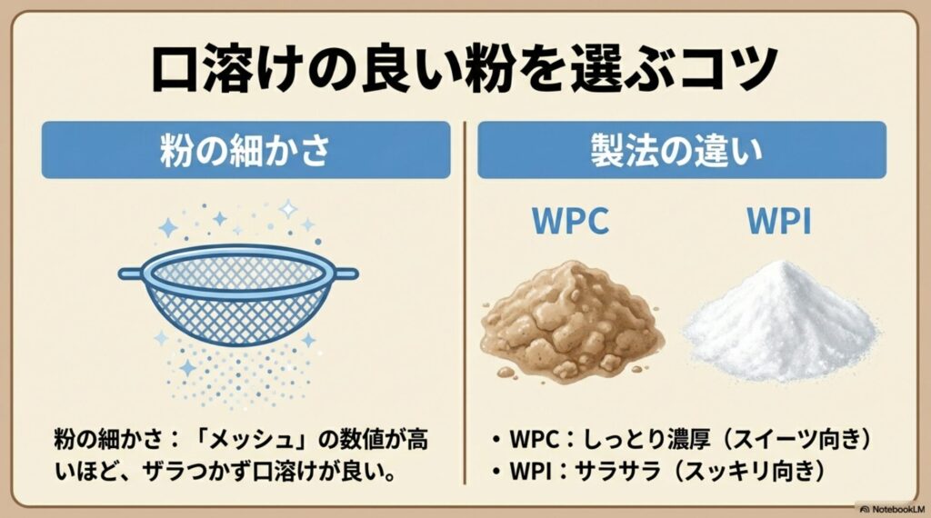 粒子の細かさ（メッシュ）や精製方法（WPC・WPI）による粉末の質感の違いを比較した表