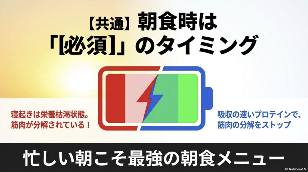 寝起きの栄養枯渇状態でプロテインを飲む必要性を説明する画像