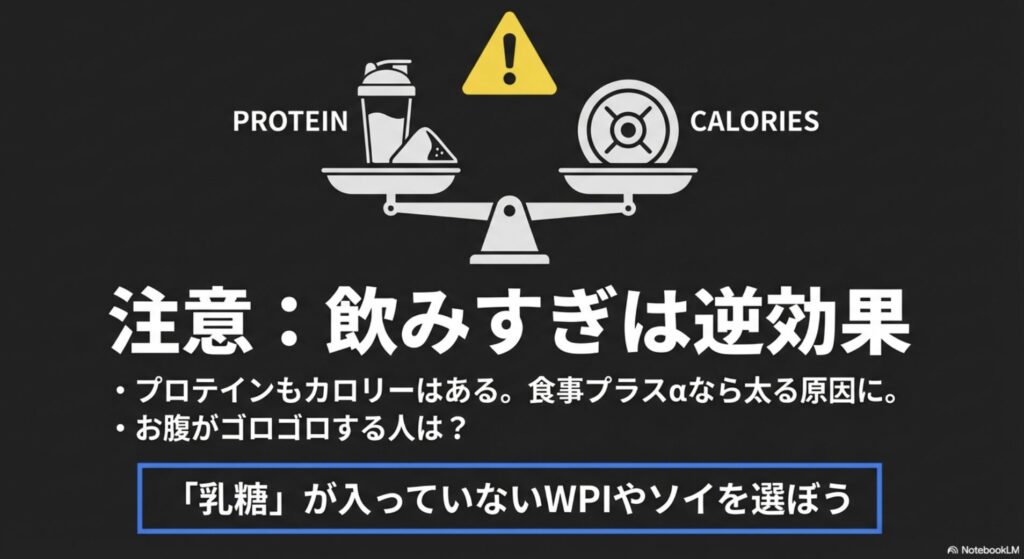 プロテインとカロリーのバランスを示し、飲み過ぎへの注意を促す画像