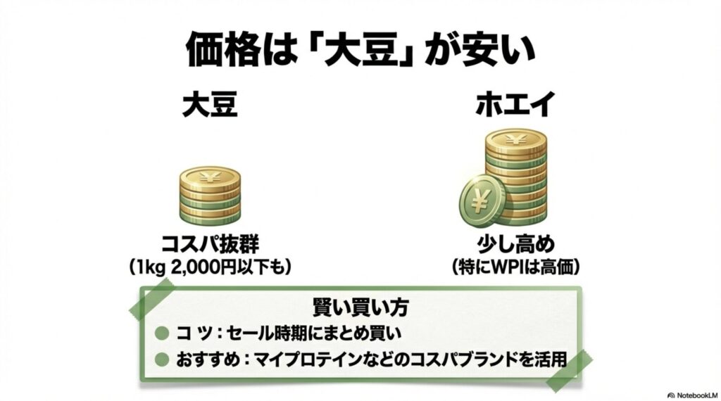 コスパ抜群の大豆プロテインと、やや高価なホエイプロテインの1kgあたりの価格目安を比較したスライド
