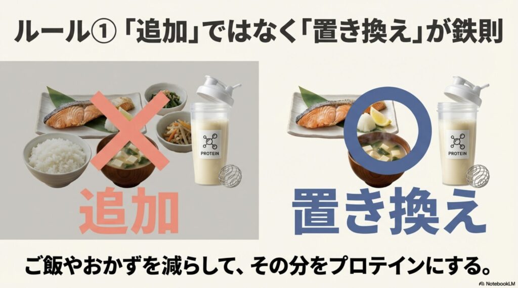 食事にプラスするのではなく、ご飯やおかずを減らしてプロテインに置き換えるルールの解説スライド