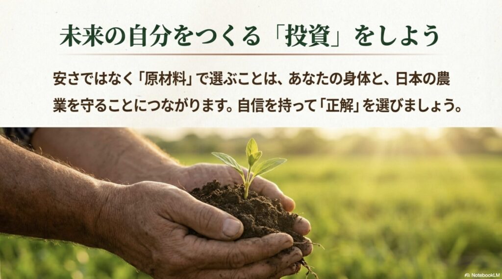 安さではなく原材料で選ぶことが身体と日本の農業を守る投資になるという結論メッセージ
