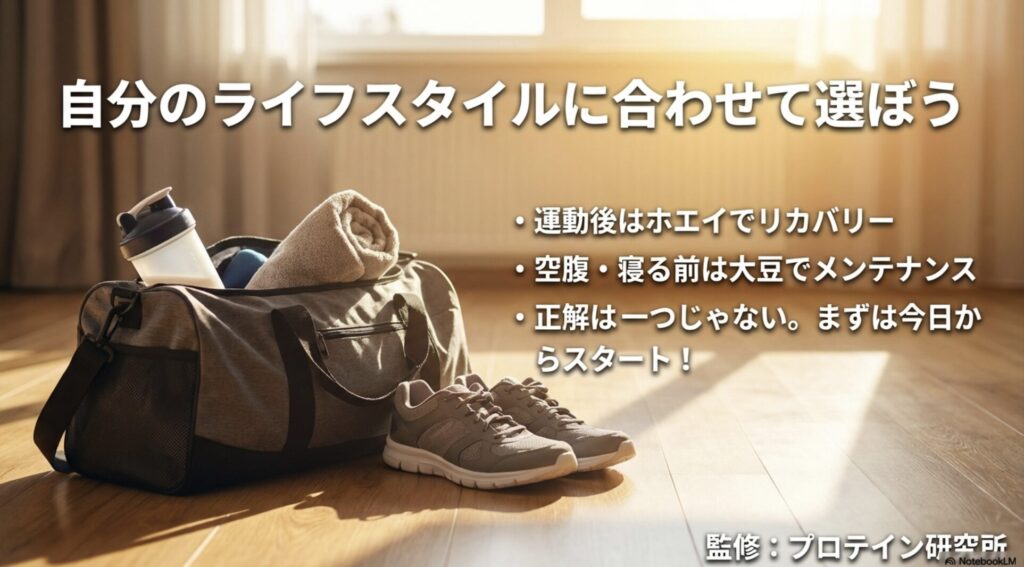 運動後はホエイ、寝る前は大豆など、生活シーンに合わせたプロテインの使い分けをまとめた最終確認