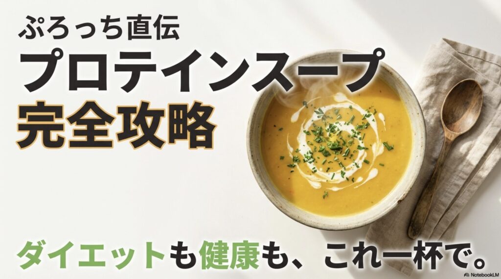 プロテイン研究所のぷろっちが教える、美味しく続くプロテインスープの選び方と作り方のコツをまとめた表紙。