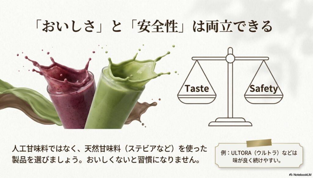 ステビア等の天然甘味料を使い、美味しさと安全性を両立したULTORA（ウルトラ）などの製品選びの推奨