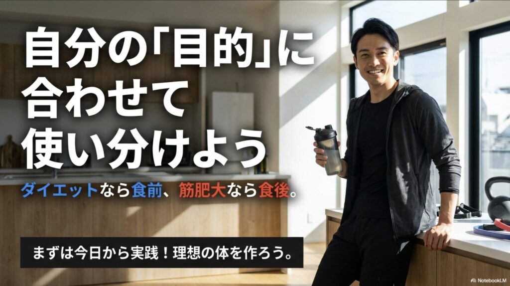 自分の目的に合わせてプロテインを使い分け、理想の体作りを促す締めくくりのスライド