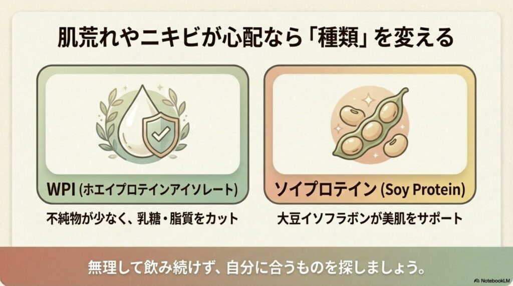 乳糖・脂質をカットしたWPIと、美肌をサポートするソイプロテインの種類の違い