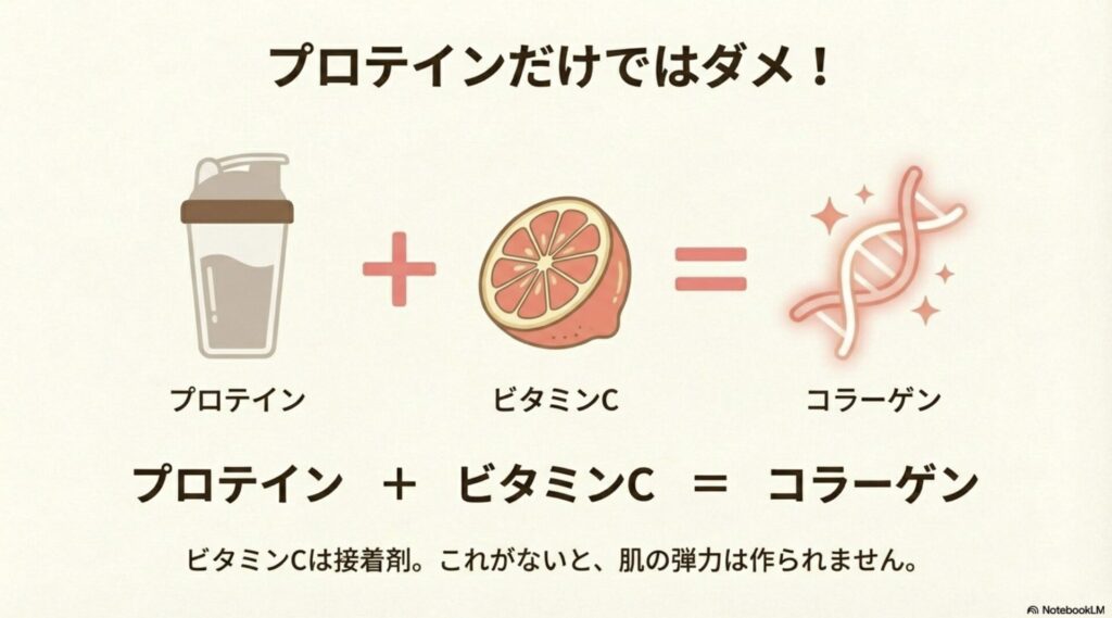 ビタミンCが接着剤となり、プロテインと組み合わせてコラーゲンが作られる仕組みの図解