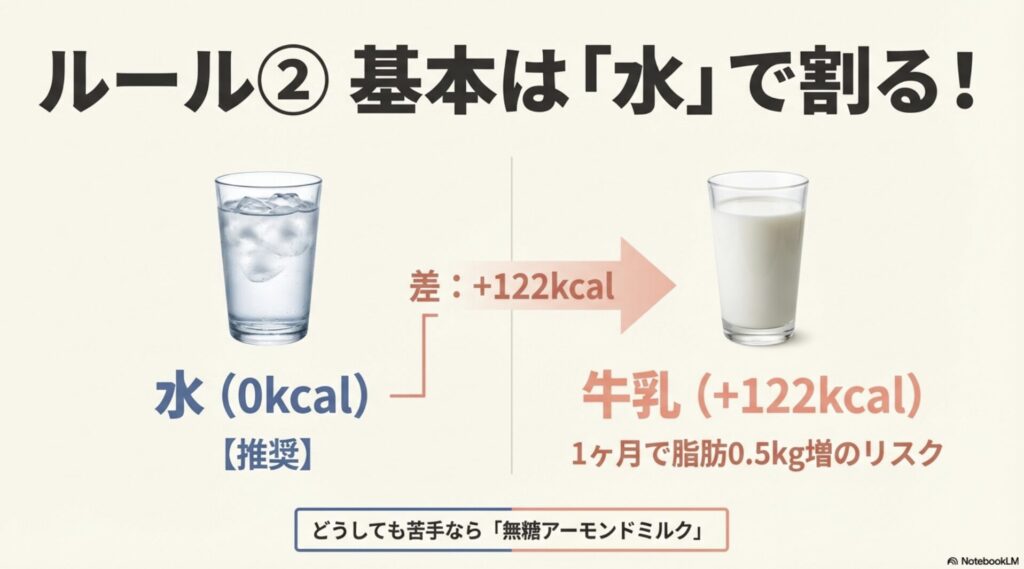 水と牛乳でプロテインを割った際の122kcalの差と、1ヶ月で脂肪が0.5kg増えるリスクの比較図
