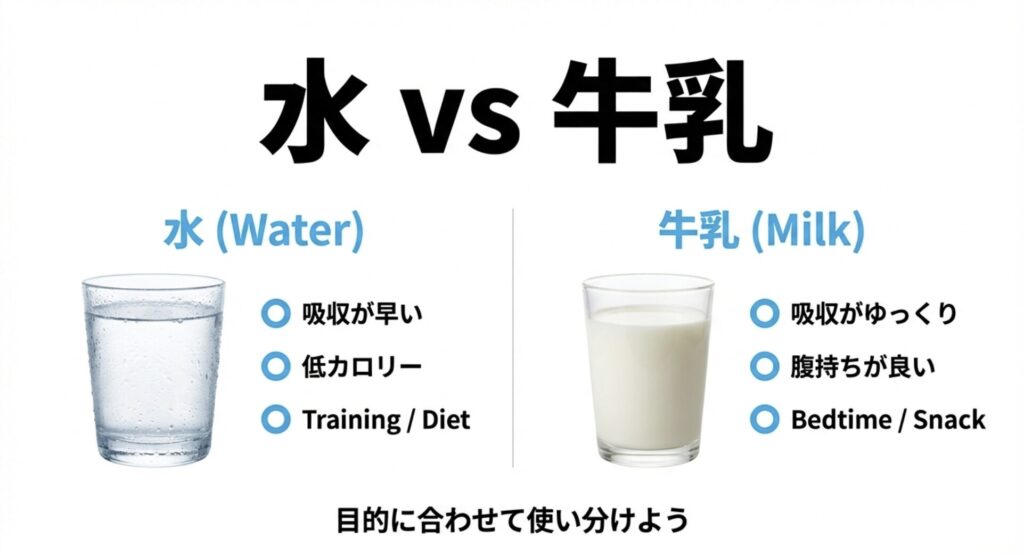 プロテインを水と牛乳で割った時の吸収速度、カロリー、飲むタイミングの違いを比較した表