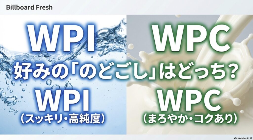 スッキリ高純度のWPIとまろやかでコクのあるWPCの喉越しや特徴を比較する解説画像