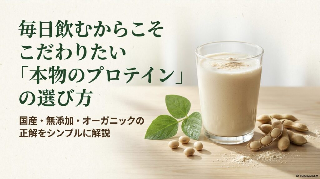 健康のために飲んでいるプロテインが添加物や見せかけの国産で身体に負担をかけていないか問いかける図解