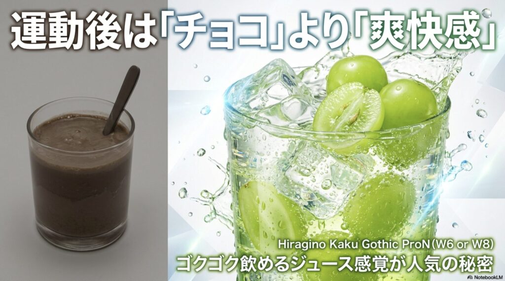 運動後はチョコ味より爽快感が重要。ゴクゴク飲めるジュース感覚が人気の秘密と説明するスライド