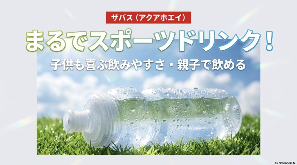 ザバスのアクアホエイはまるでスポーツドリンクのような飲みやすさで子供も喜ぶと説明する画像
