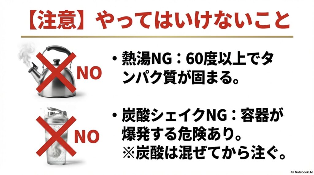 タンパク質が固まるため熱湯NG、爆発の危険があるため炭酸シェイクNGという注意喚起