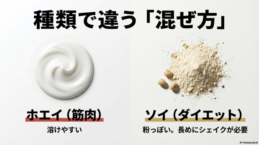 溶けやすいホエイプロテインと、粉っぽく長めのシェイクが必要なソイプロテインの違い