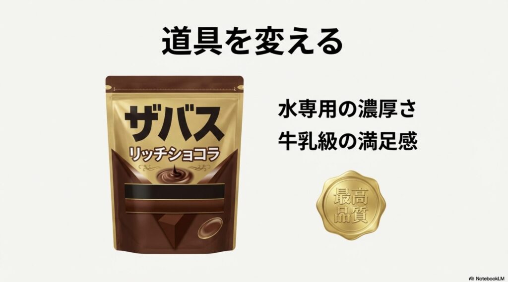 水で割っても牛乳級の満足感が得られる高品質なザバスリッチショコラ味の紹介