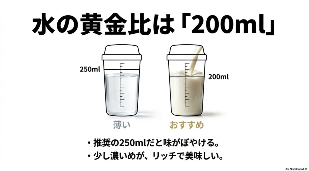 推奨の250mlは味がぼやけるが、200mlにするとリッチで美味しくなることを示すイラスト