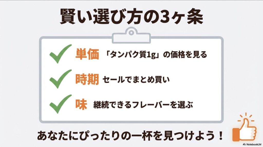 タンパク質単価、セール時期、継続できる味の3点をまとめた賢い選び方の総括スライド。