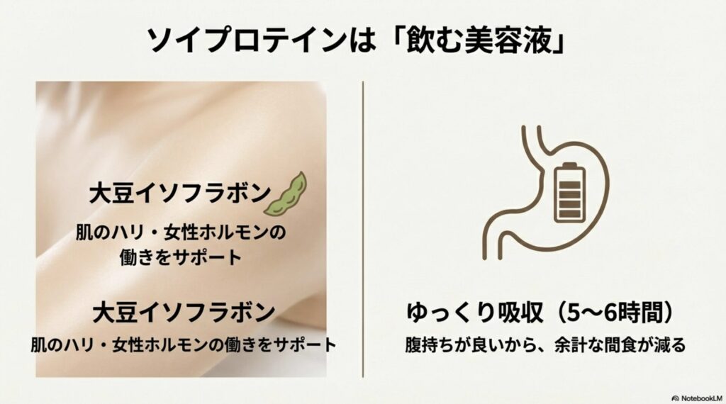 ソイプロテインが「飲む美容液」と呼ばれる理由と大豆イソフラボンの美容効果、腹持ちの良さを説明する図解