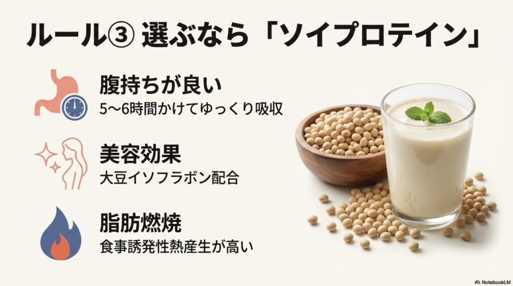 ソイプロテインの腹持ちの良さ、美容効果（イソフラボン）、脂肪燃焼を助ける食事誘発性熱産生のメリット一覧