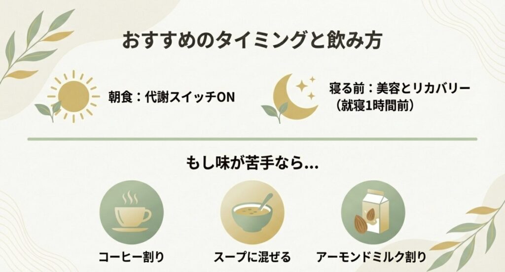 朝食時の代謝アップ、寝る前の美容リカバリー、味が苦手な人のためのコーヒーやスープ割りレシピ