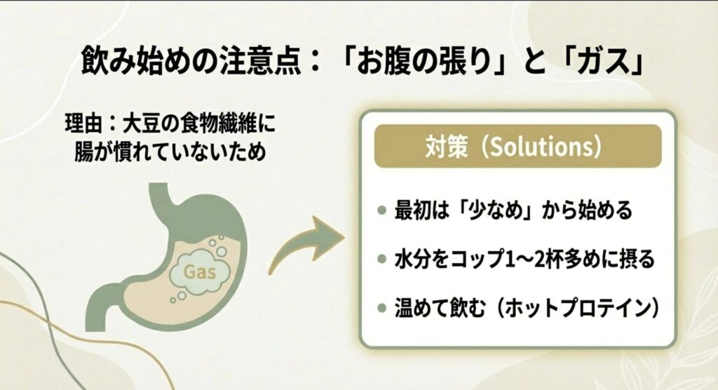 飲み始めのガスやお腹の張りを解消する方法。少量から始める、水分を摂る、温めて飲むなどの対策一覧
