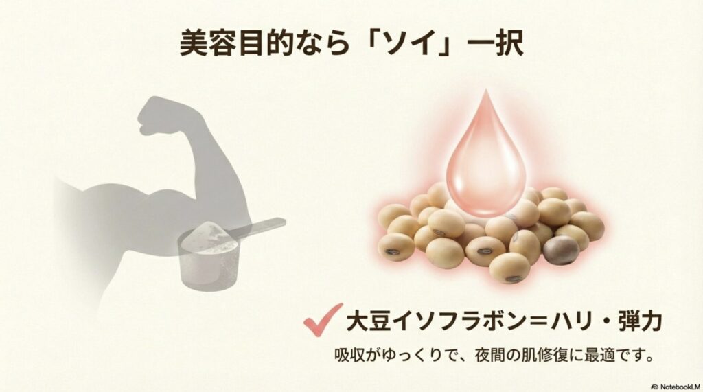 大豆イソフラボンが肌のハリと弾力を支え、夜間の肌修復に最適であることを示すスライド