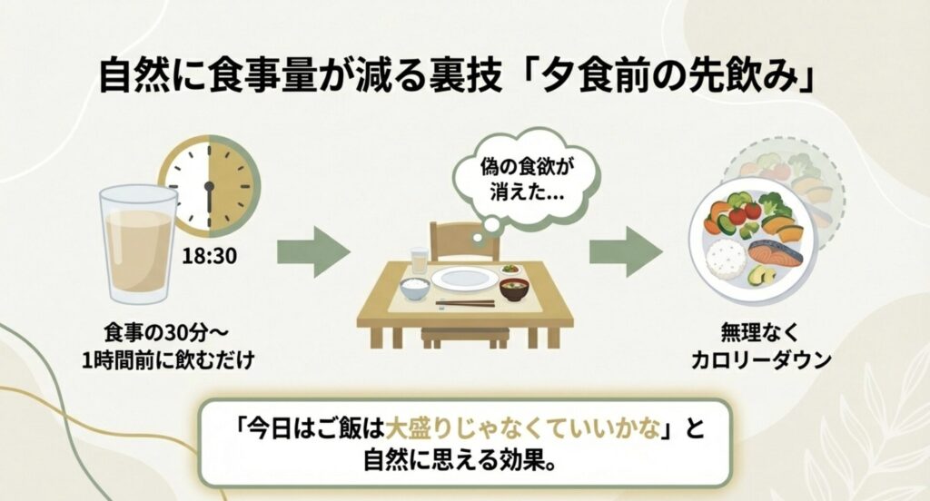 自然に食事量が減る裏技。夕食の30分〜1時間前に飲むことで偽の食欲を抑えるプレローディング法の解説