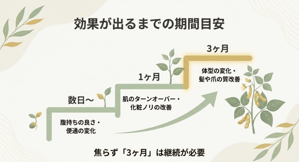 1ヶ月目で体脂肪率の変化、3ヶ月目で体型や髪・爪の質改善が見込める期間のタイムライン