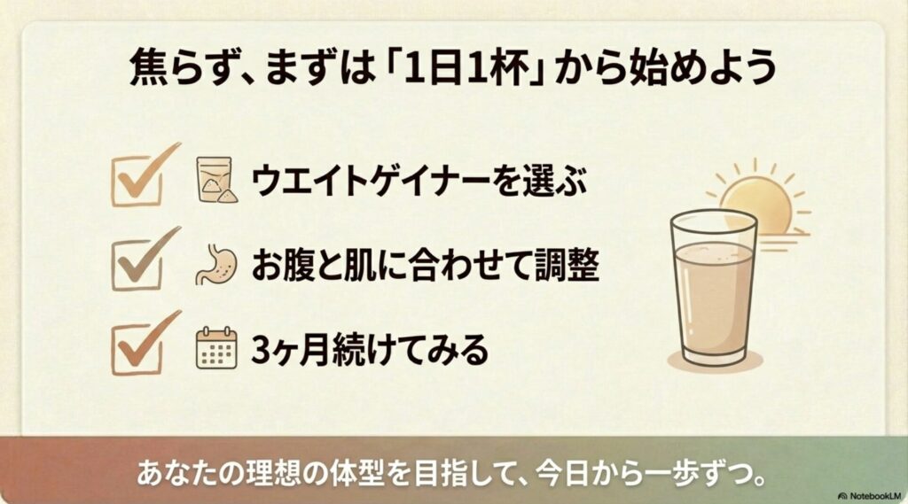 ウエイトゲイナーの選択から体調に合わせた調整、3ヶ月継続までのステップをまとめた結論スライド